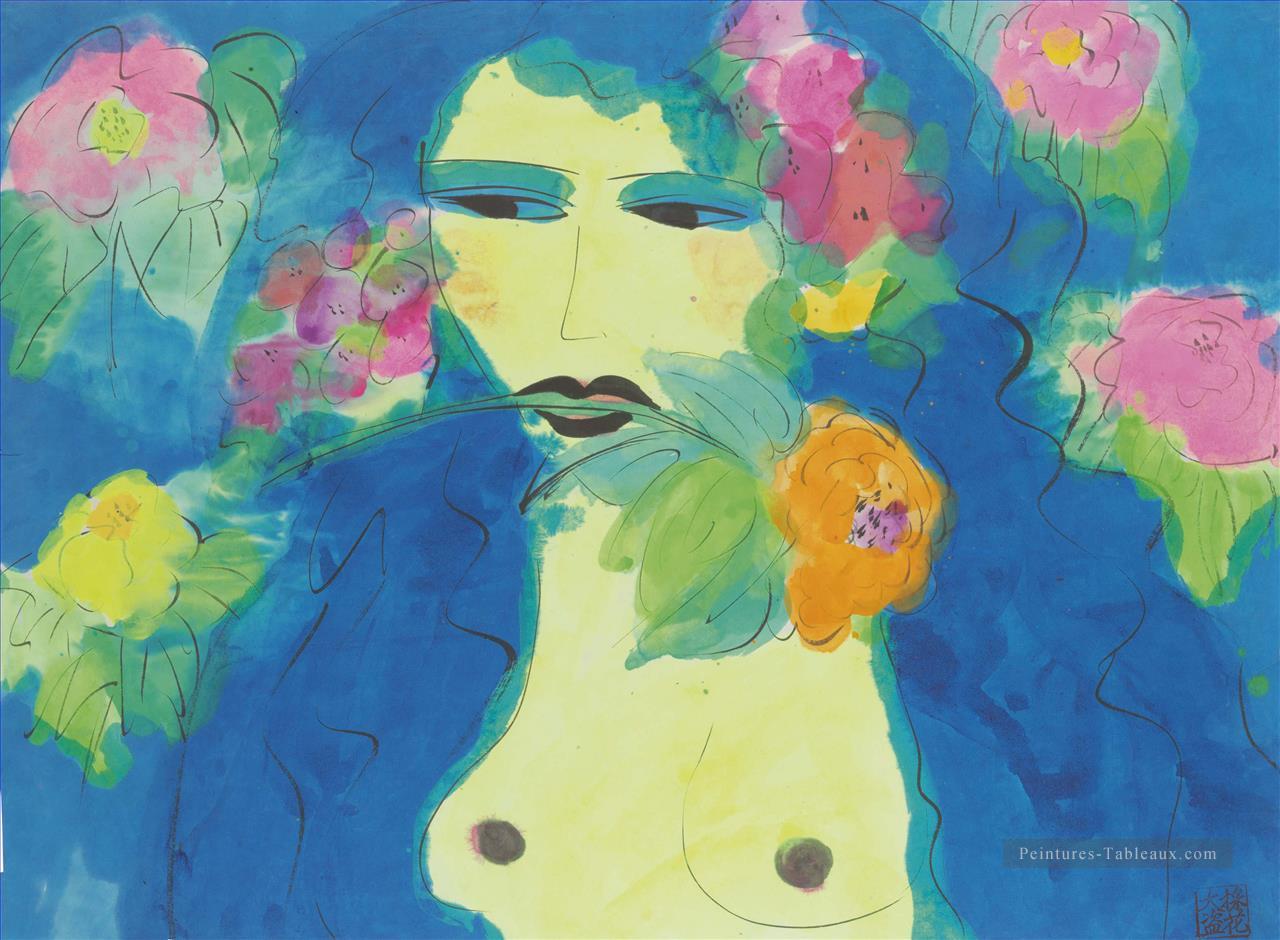 Femme avec fleur dans sa bouche Moderne Peintures à l'huile